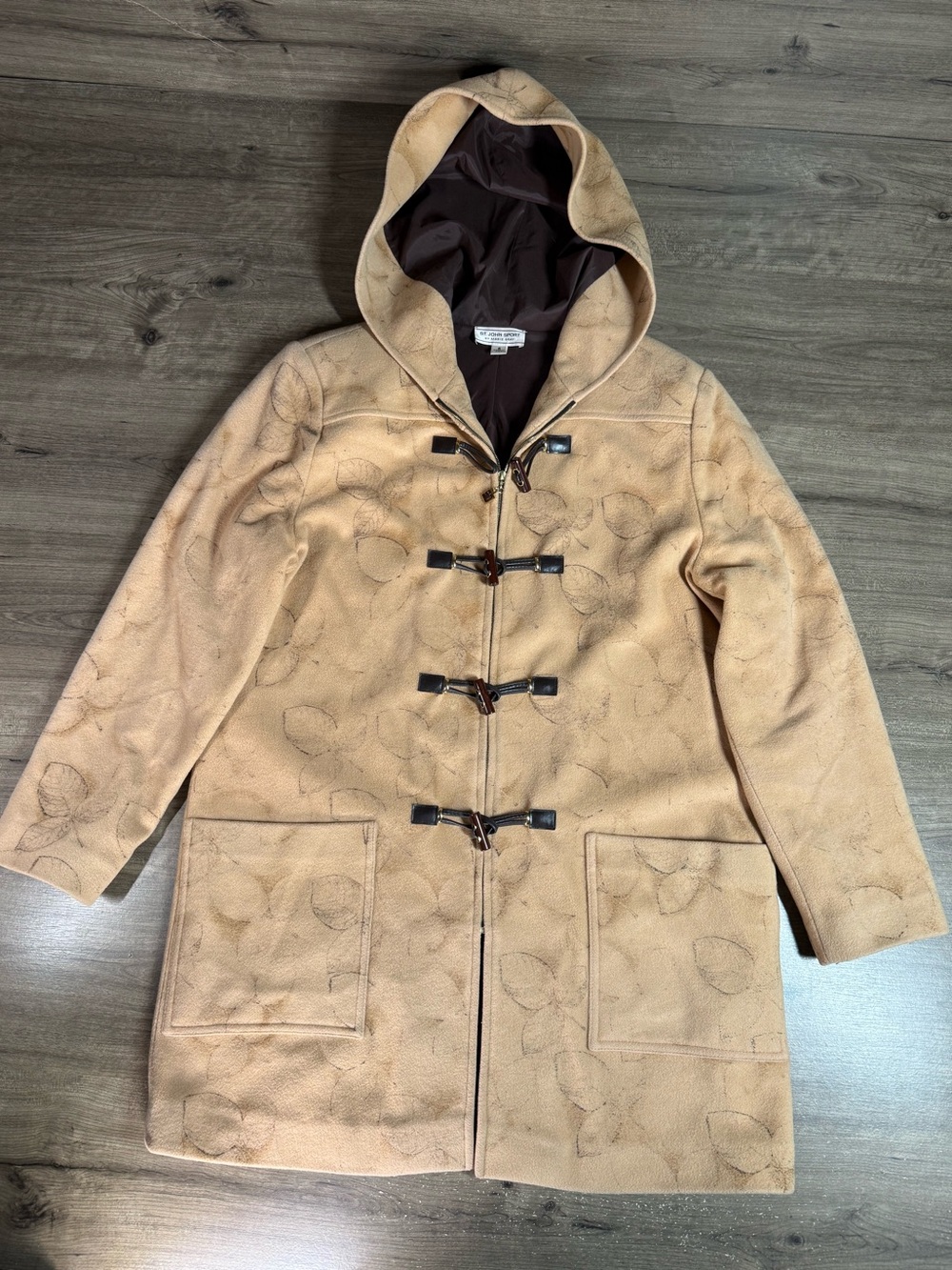 Vintage St John Sport Marie Gray Hooded Toggle Coat Womens S USA Tan Leaf Y2K
